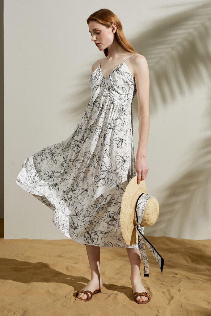 custom design Floral Sketch V-neck Silk Dress manufacturer