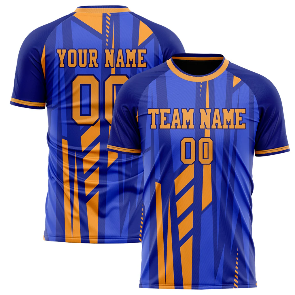 Custom Blue Gold Pattern Soccer Jersey manufacturer