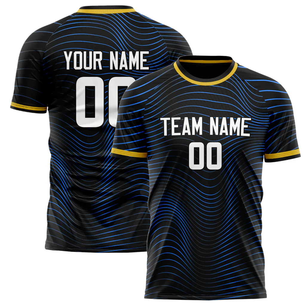 Custom Black Blue Pattern Soccer Jersey manufacturer