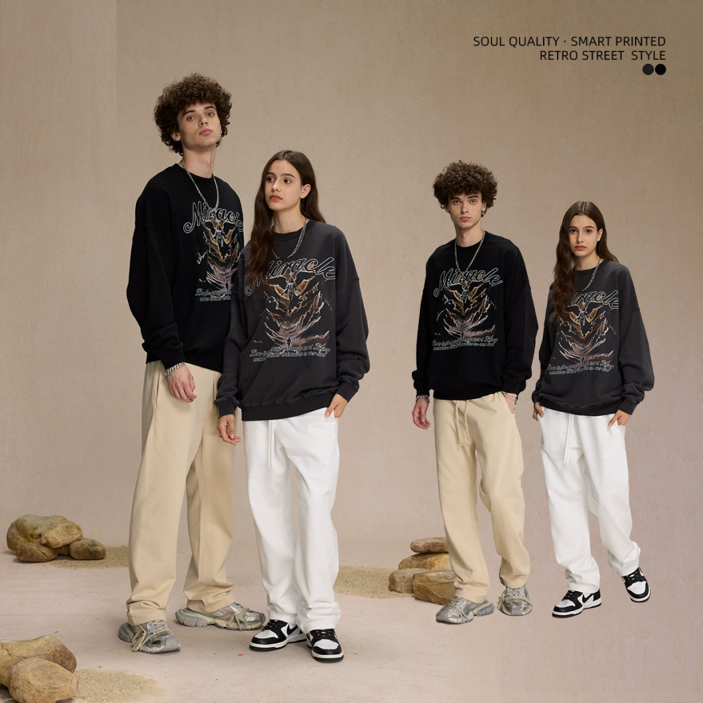 Frayed edges, holes, distressed digital print crewneck pull over manufacturer