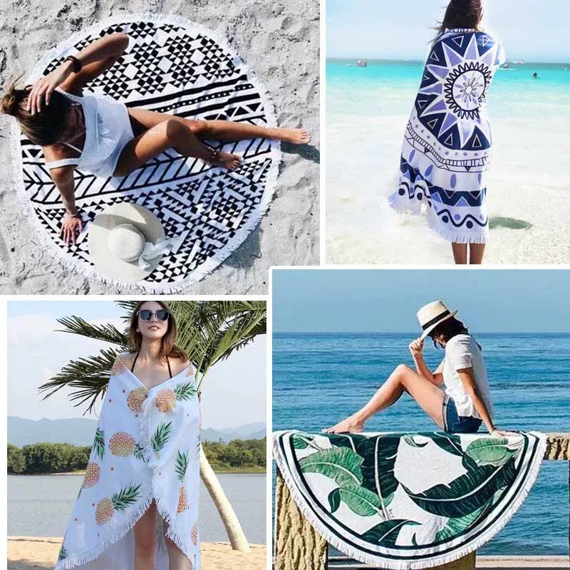 custom print Ultra-fine microfiber round beach towel with tassels manufacturer