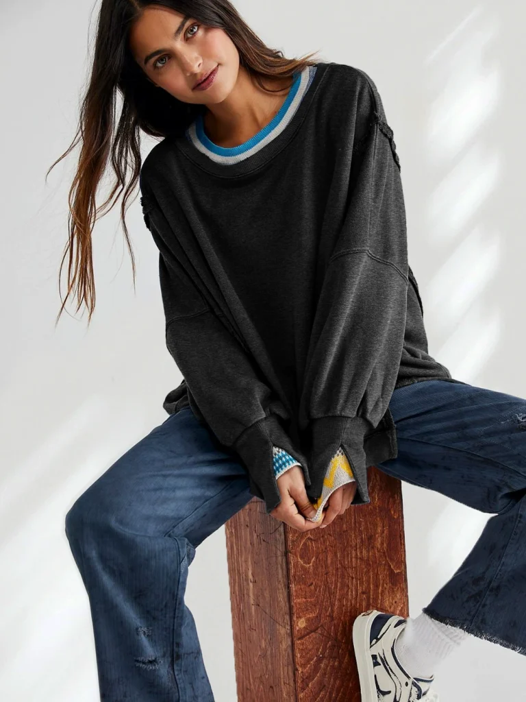 raw edge loose fit acid washed crewneck manufacturer